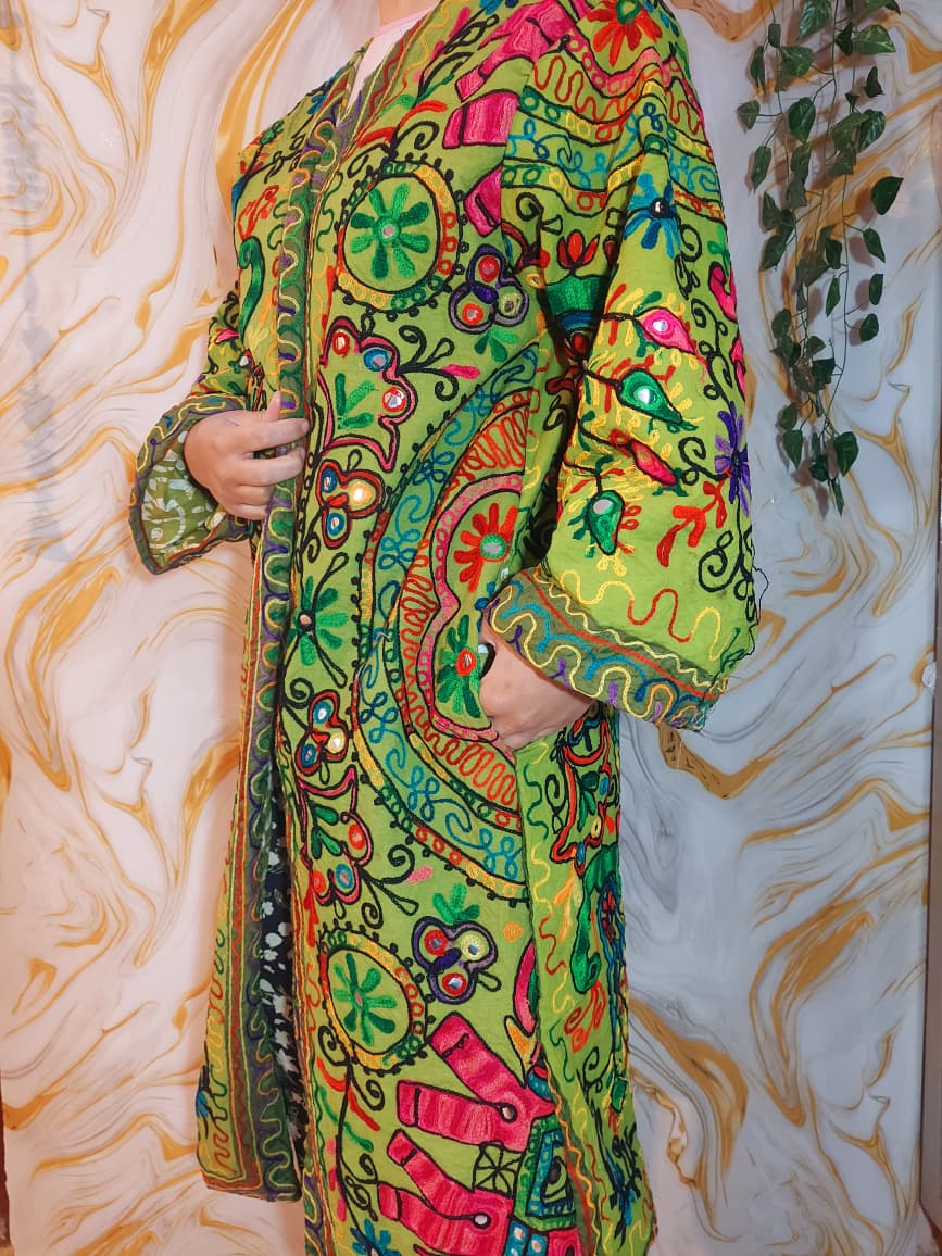 Embroidered Floral Cotton Afghan Coat, Mongolian Fur Trim, Reversible Kimono Jacket