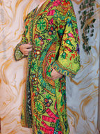 Embroidered Floral Cotton Afghan Coat, Mongolian Fur Trim, Reversible Kimono Jacket