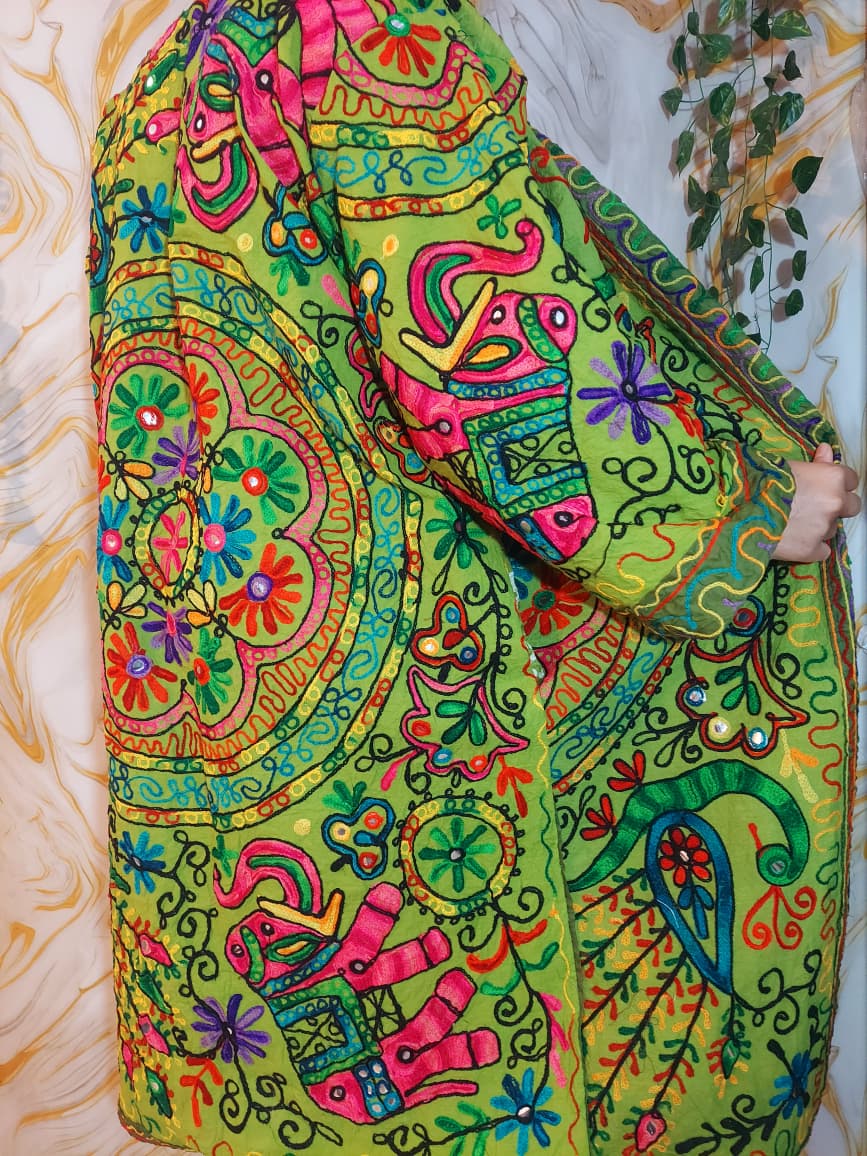 Embroidered Floral Cotton Afghan Coat, Mongolian Fur Trim, Reversible Kimono Jacket
