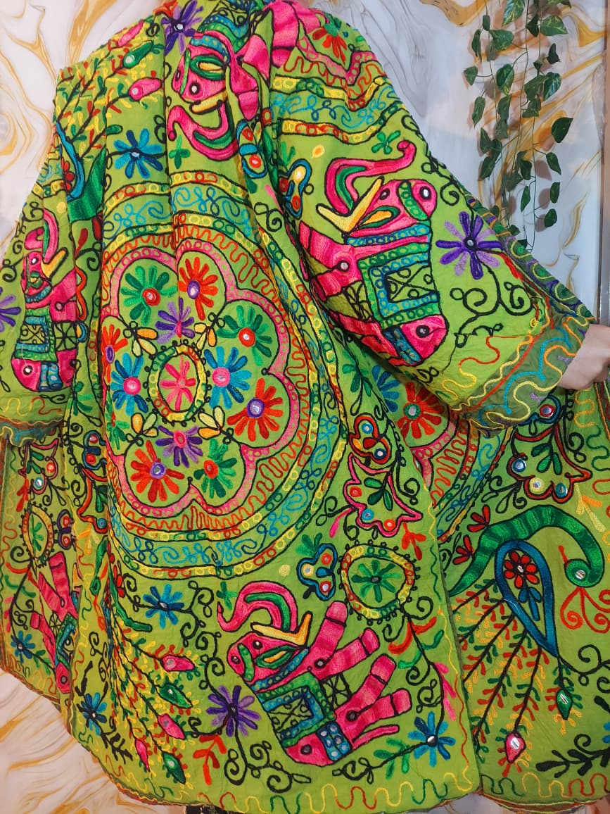 Embroidered Floral Cotton Afghan Coat, Mongolian Fur Trim, Reversible Kimono Jacket