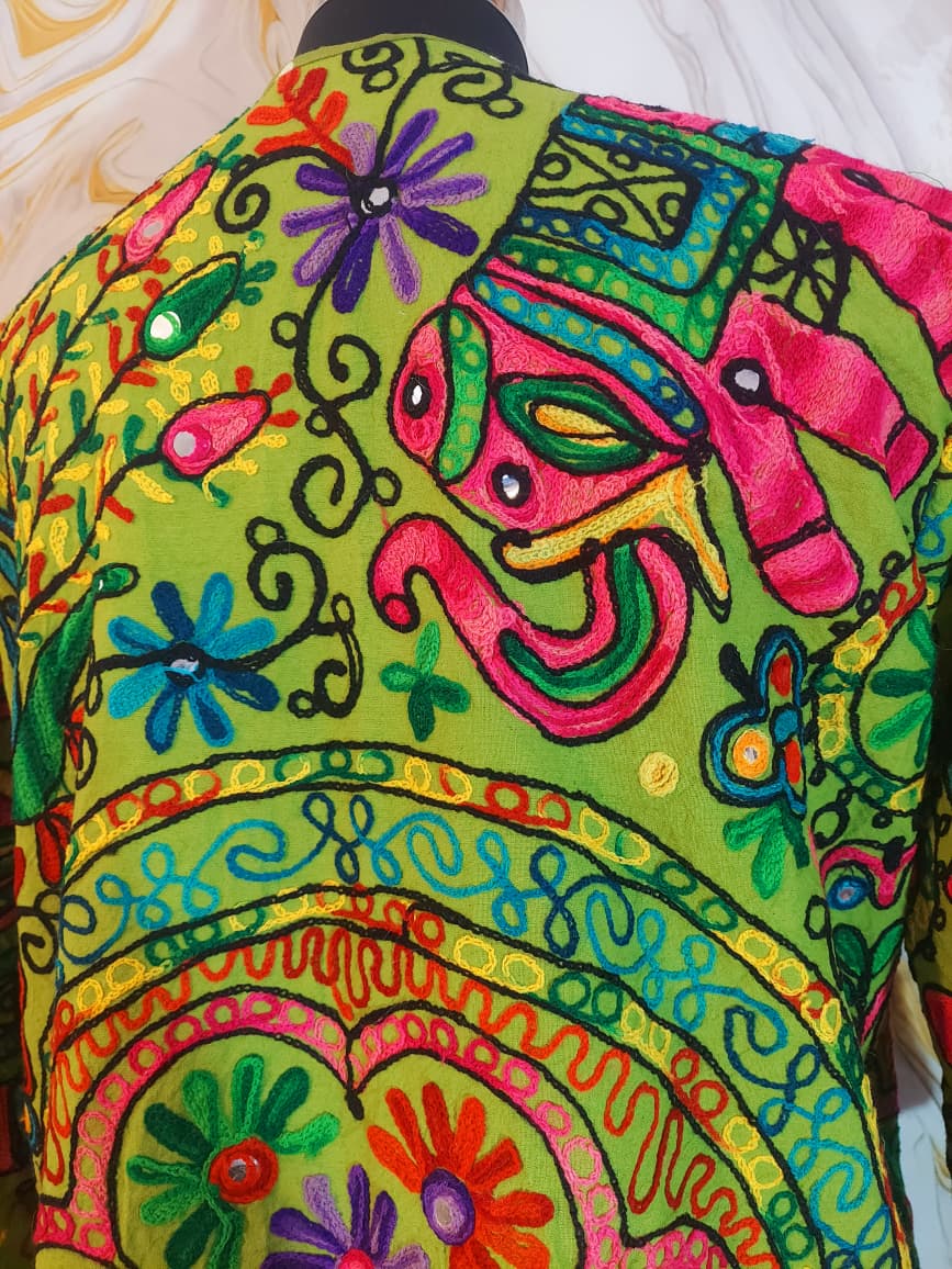Embroidered Floral Cotton Afghan Coat, Mongolian Fur Trim, Reversible Kimono Jacket