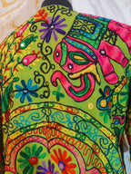 Embroidered Floral Cotton Afghan Coat, Mongolian Fur Trim, Reversible Kimono Jacket