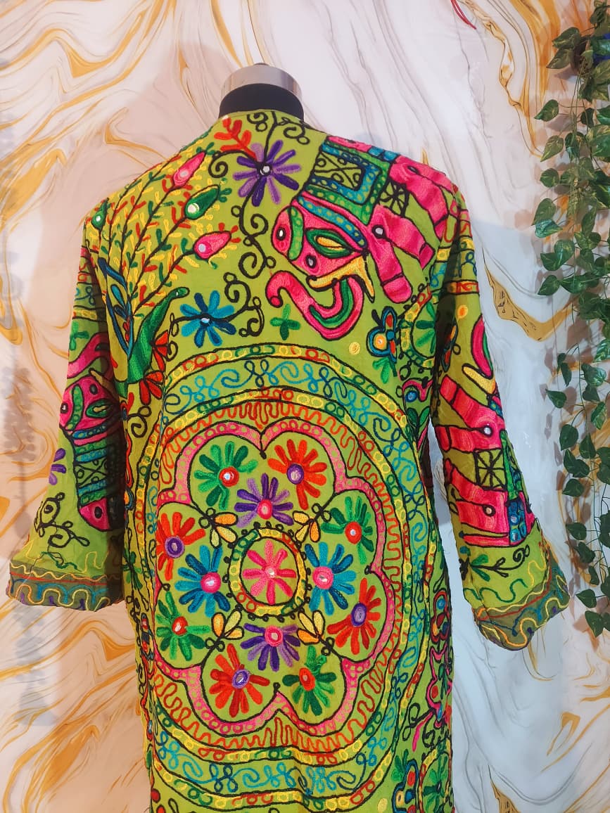 Embroidered Floral Cotton Afghan Coat, Mongolian Fur Trim, Reversible Kimono Jacket