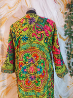 Embroidered Floral Cotton Afghan Coat, Mongolian Fur Trim, Reversible Kimono Jacket