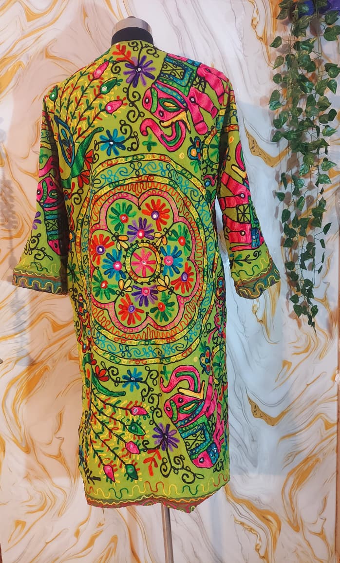 Embroidered Floral Cotton Afghan Coat, Mongolian Fur Trim, Reversible Kimono Jacket