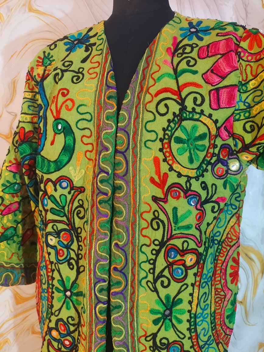 Embroidered Floral Cotton Afghan Coat, Mongolian Fur Trim, Reversible Kimono Jacket