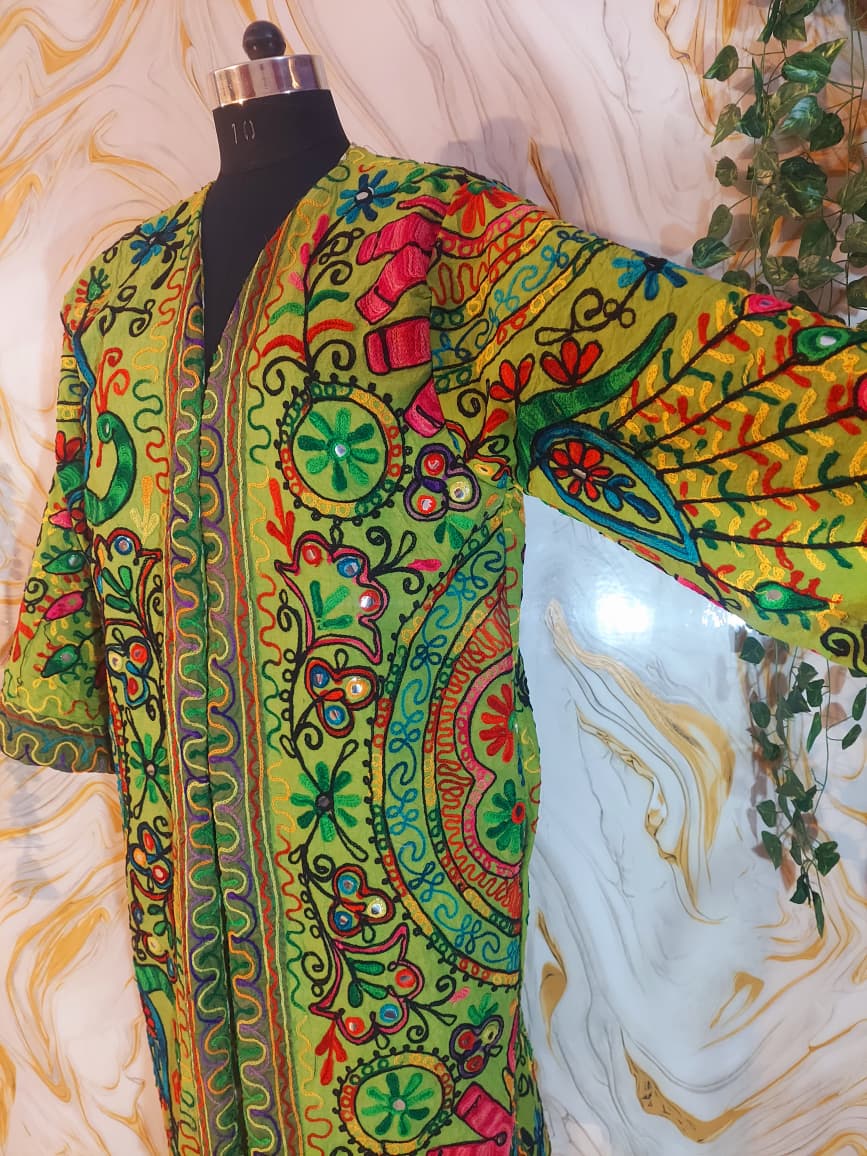 Embroidered Floral Cotton Afghan Coat, Mongolian Fur Trim, Reversible Kimono Jacket