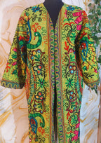 Embroidered Floral Cotton Afghan Coat, Mongolian Fur Trim, Reversible Kimono Jacket