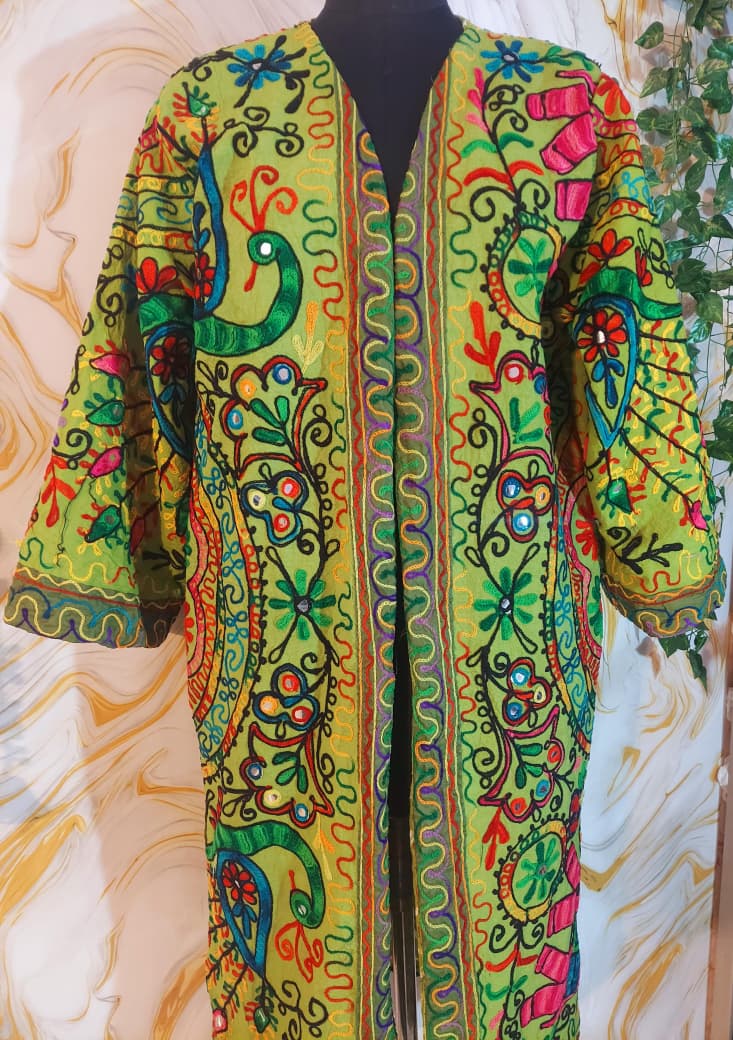 Embroidered Floral Cotton Afghan Coat, Mongolian Fur Trim, Reversible Kimono Jacket