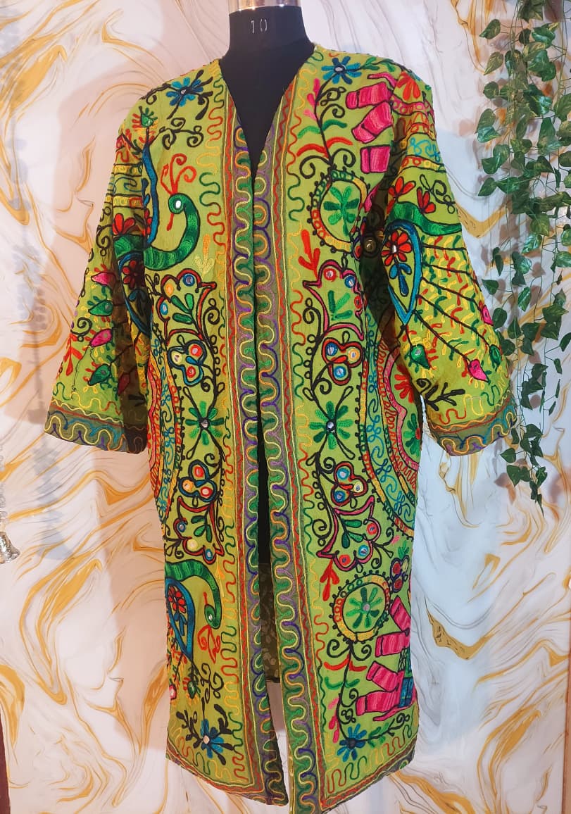 Embroidered Floral Cotton Afghan Coat, Mongolian Fur Trim, Reversible Kimono Jacket