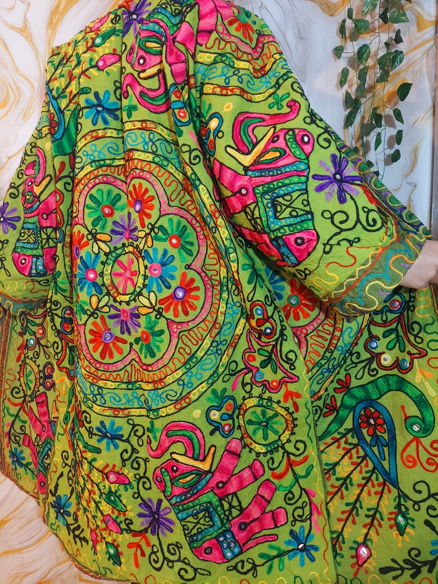 Embroidered Floral Cotton Afghan Coat, Mongolian Fur Trim, Reversible Kimono Jacket