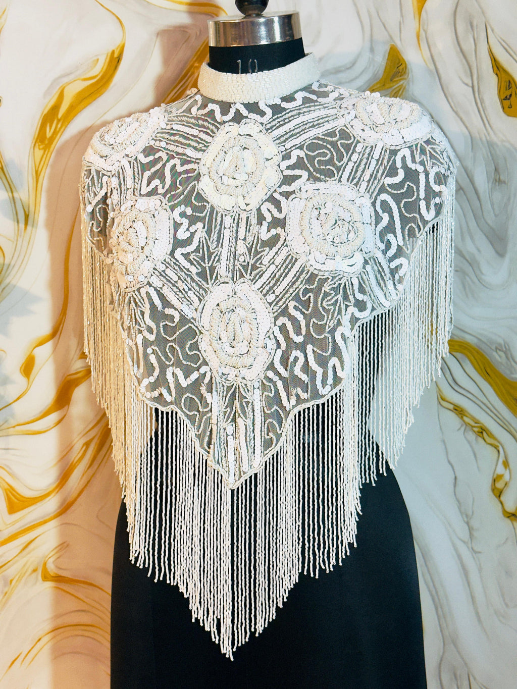Handcrafted white beaded cape poncho, white  beadwork geometric pattern, elegant cover-ups for special occations.
