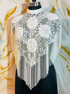 Handcrafted white beaded cape poncho, white  beadwork geometric pattern, elegant cover-ups for special occations.