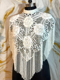 Handcrafted white beaded cape poncho, white  beadwork geometric pattern, elegant cover-ups for special occations.