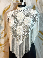 Handcrafted white beaded cape poncho, white  beadwork geometric pattern, elegant cover-ups for special occations.