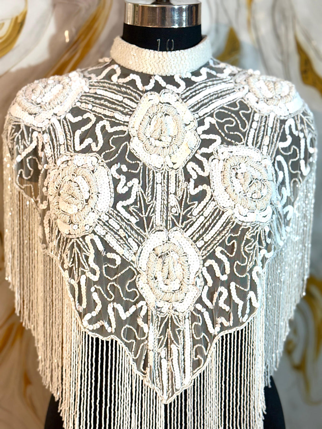 Handcrafted white beaded cape poncho, white  beadwork geometric pattern, elegant cover-ups for special occations.
