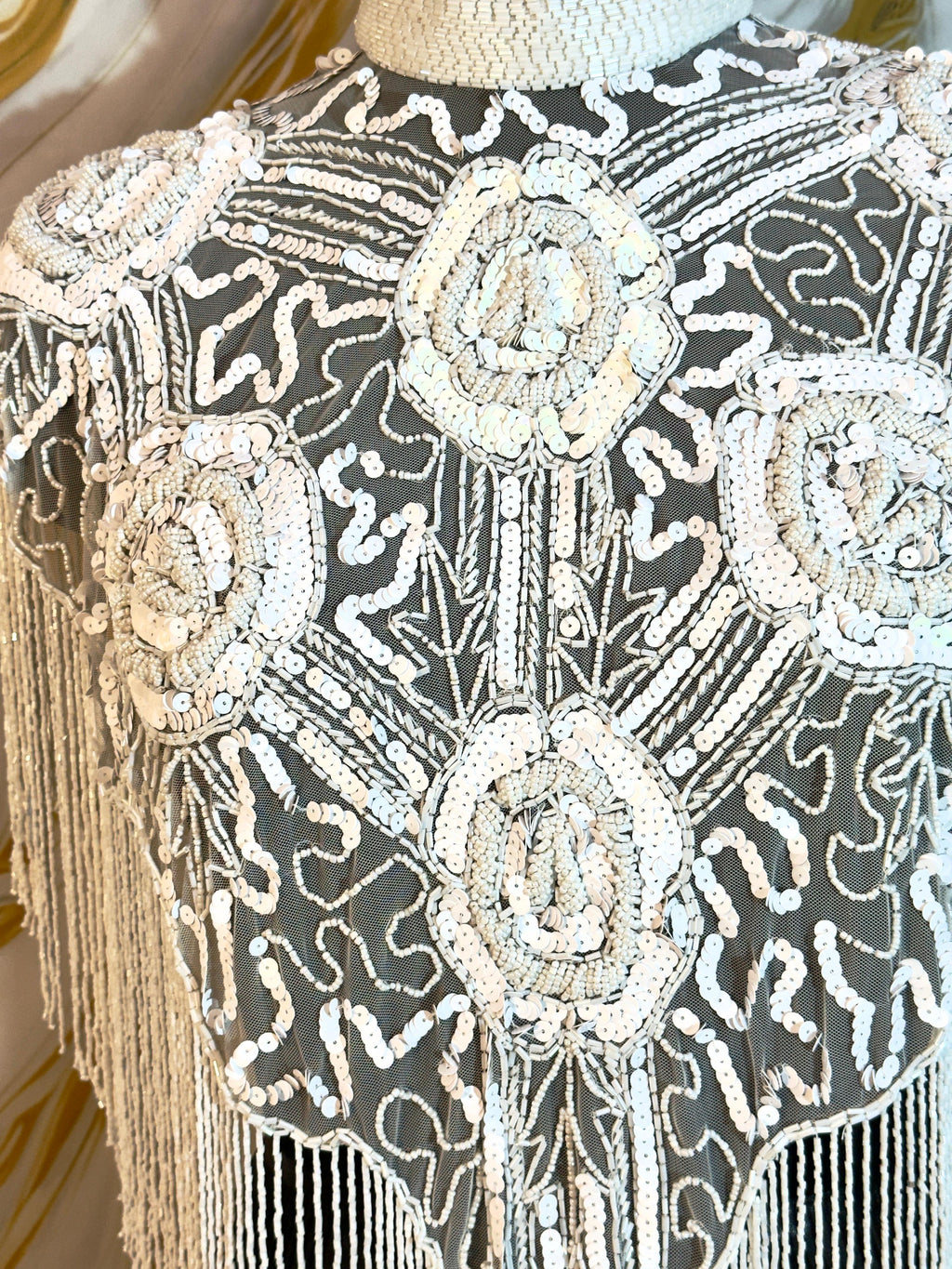 Handcrafted white beaded cape poncho, white  beadwork geometric pattern, elegant cover-ups for special occations.