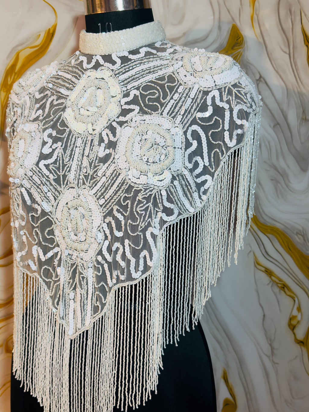 Handcrafted white beaded cape poncho, white  beadwork geometric pattern, elegant cover-ups for special occations.