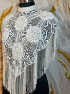 Handcrafted white beaded cape poncho, white  beadwork geometric pattern, elegant cover-ups for special occations.