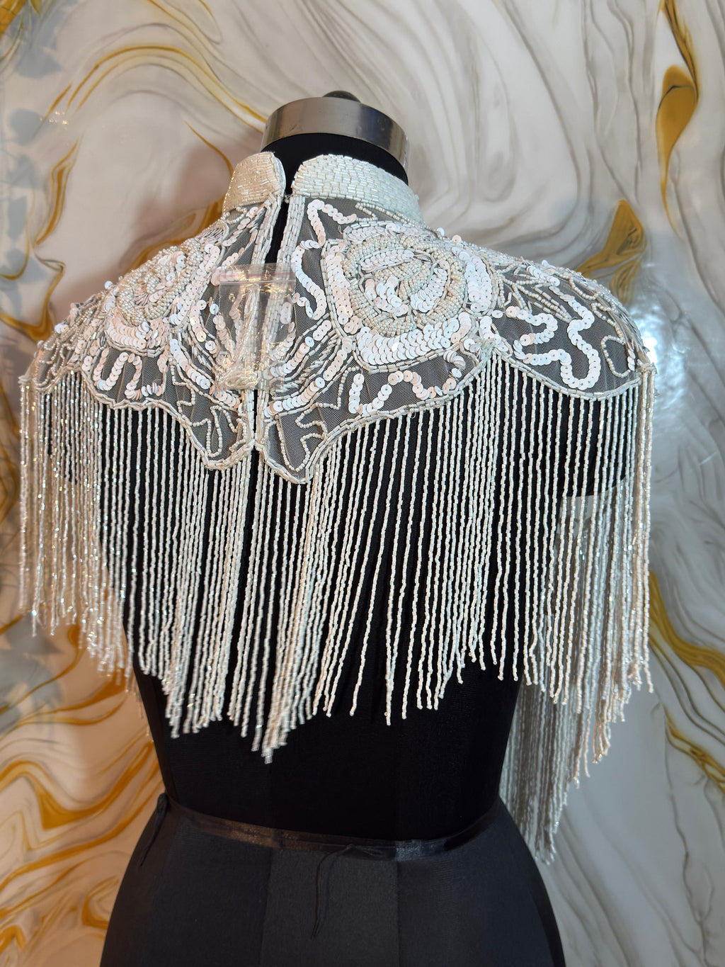 Handcrafted white beaded cape poncho, white  beadwork geometric pattern, elegant cover-ups for special occations.