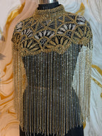 Handcrafted black-golden beaded cape poncho, beadwork geometric pattern, elegant cover-ups for special occations.