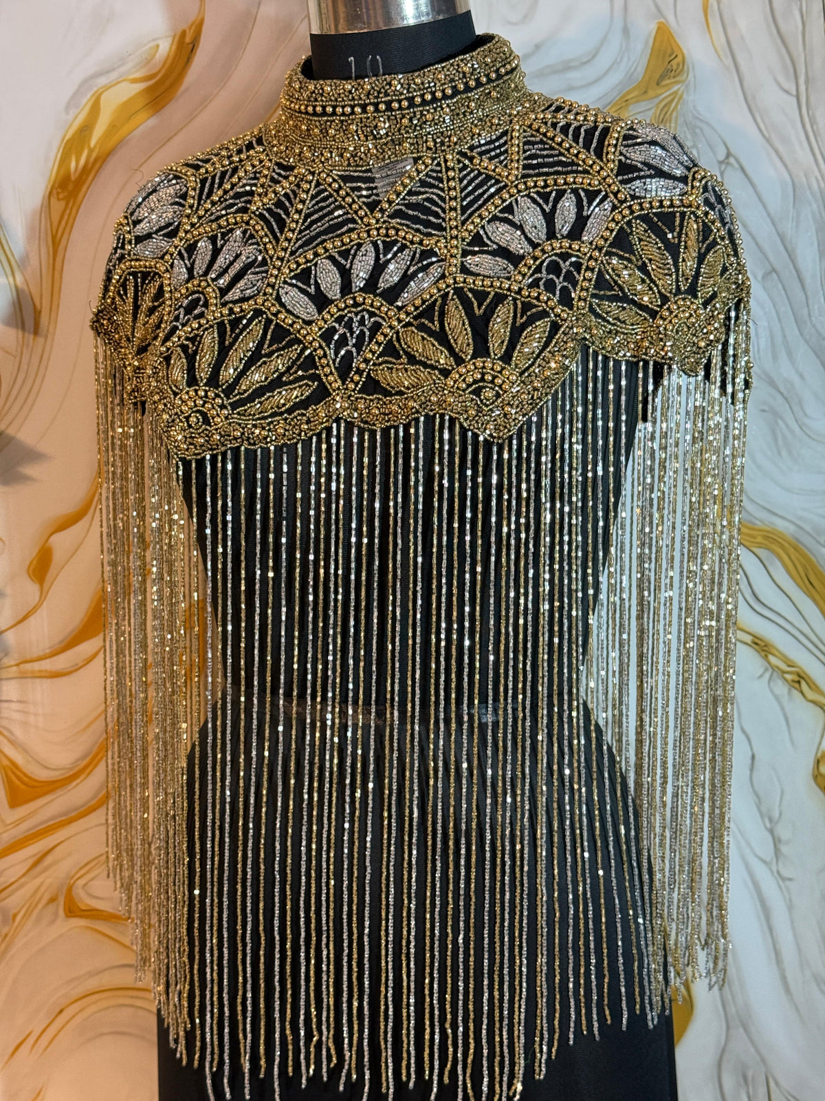 Handcrafted black-golden beaded cape poncho, beadwork geometric pattern, elegant cover-ups for special occations.