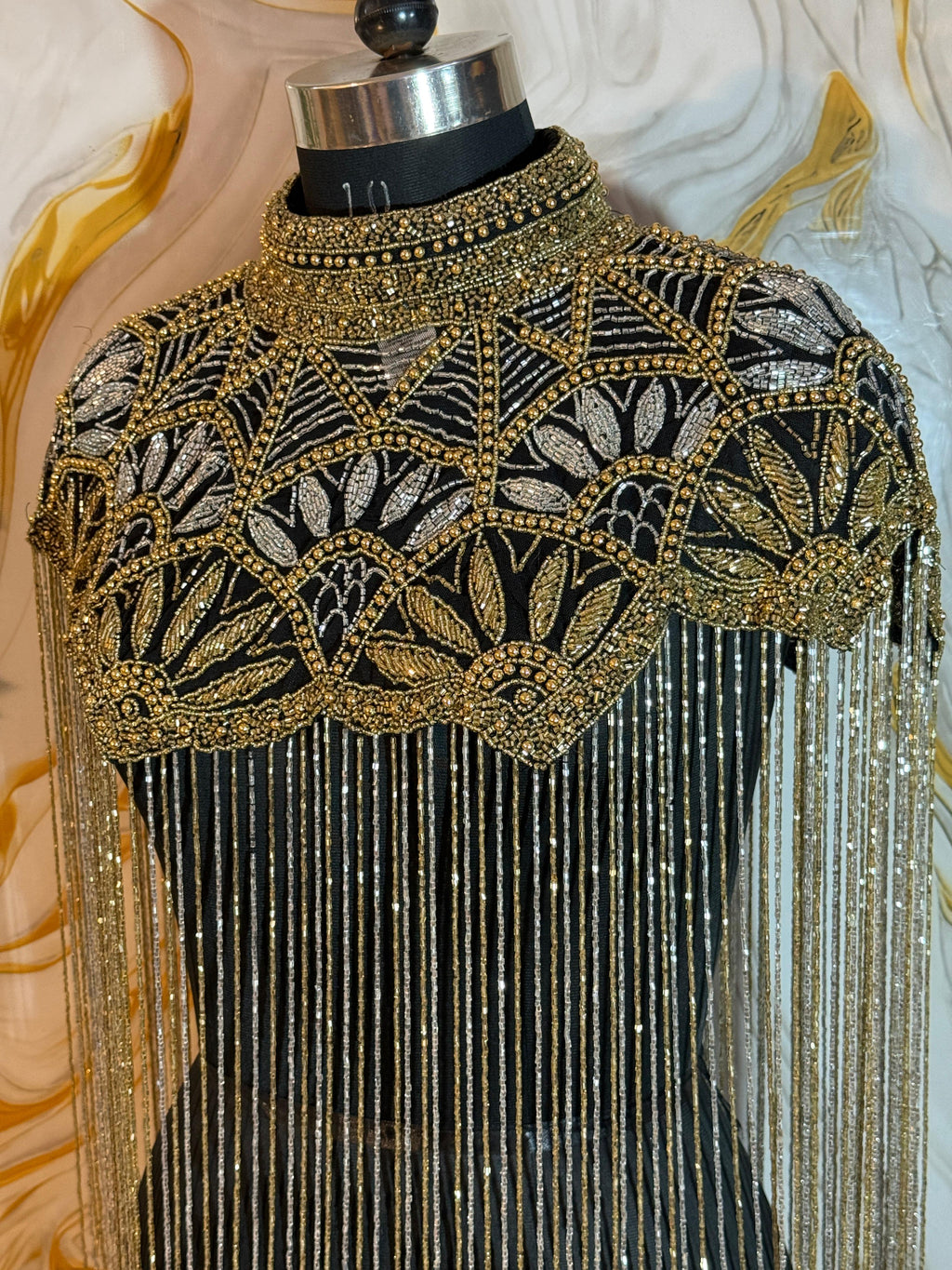 Handcrafted black-golden beaded cape poncho, beadwork geometric pattern, elegant cover-ups for special occations.