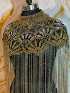 Handcrafted black-golden beaded cape poncho, beadwork geometric pattern, elegant cover-ups for special occations.