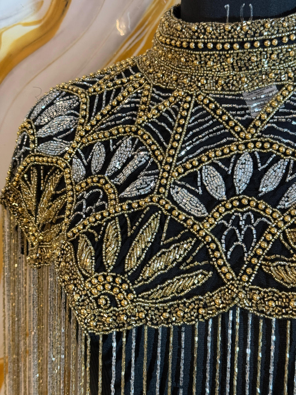 Handcrafted black-golden beaded cape poncho, beadwork geometric pattern, elegant cover-ups for special occations.