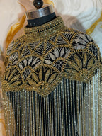 Handcrafted black-golden beaded cape poncho, beadwork geometric pattern, elegant cover-ups for special occations.