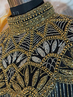Handcrafted black-golden beaded cape poncho, beadwork geometric pattern, elegant cover-ups for special occations.