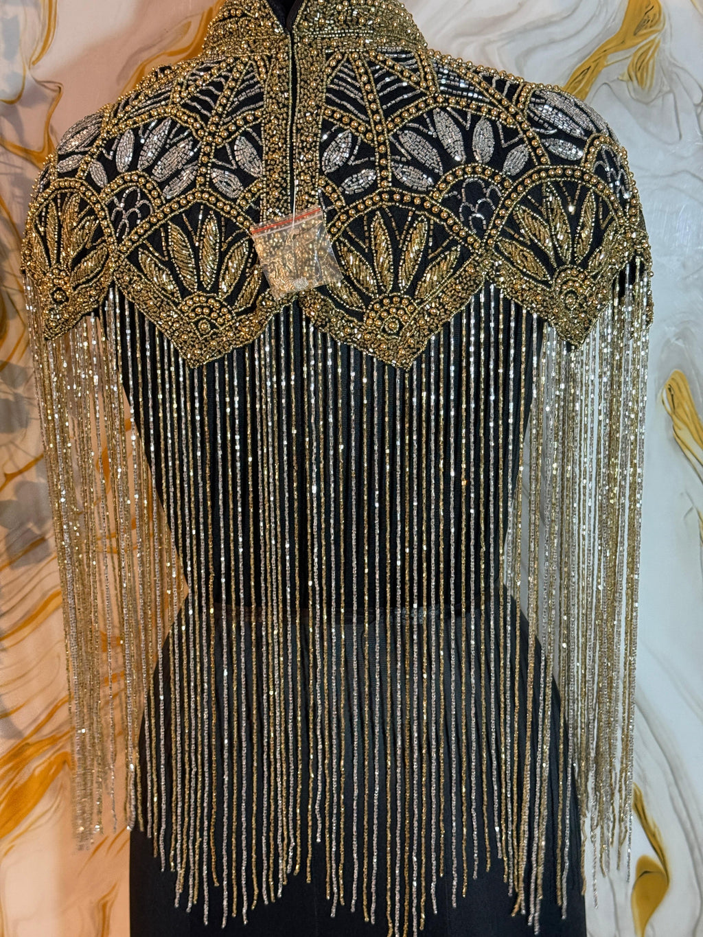 Handcrafted black-golden beaded cape poncho, beadwork geometric pattern, elegant cover-ups for special occations.
