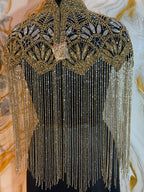 Handcrafted black-golden beaded cape poncho, beadwork geometric pattern, elegant cover-ups for special occations.