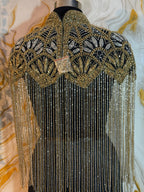 Handcrafted black-golden beaded cape poncho, beadwork geometric pattern, elegant cover-ups for special occations.