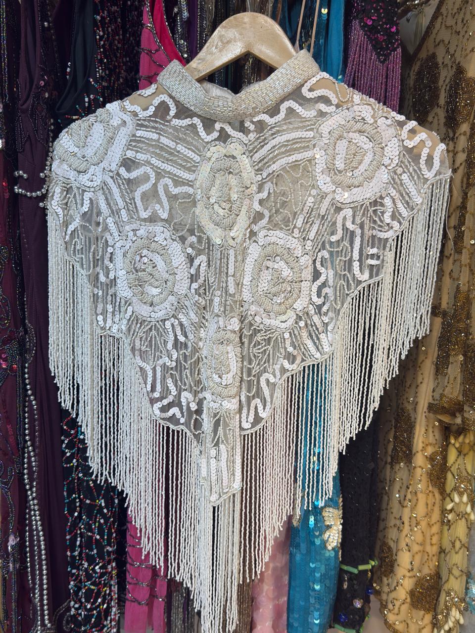 Handcrafted white beaded cape poncho, white  beadwork geometric pattern, elegant cover-ups for special occations.