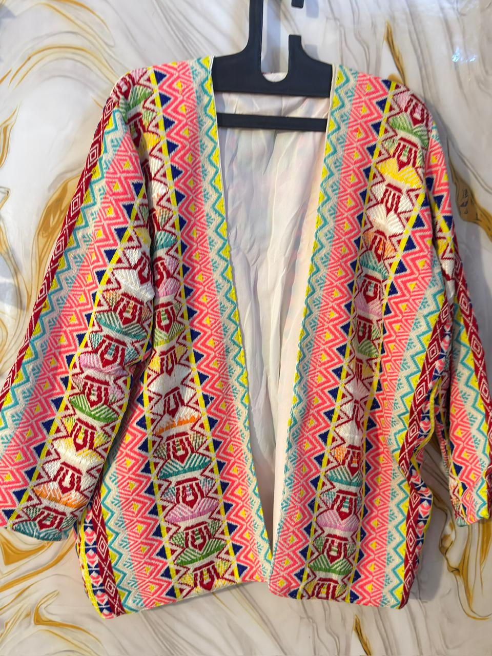 Handmade Acrylic Jacquard Shrug: Vintage Geometric Festival Tunic