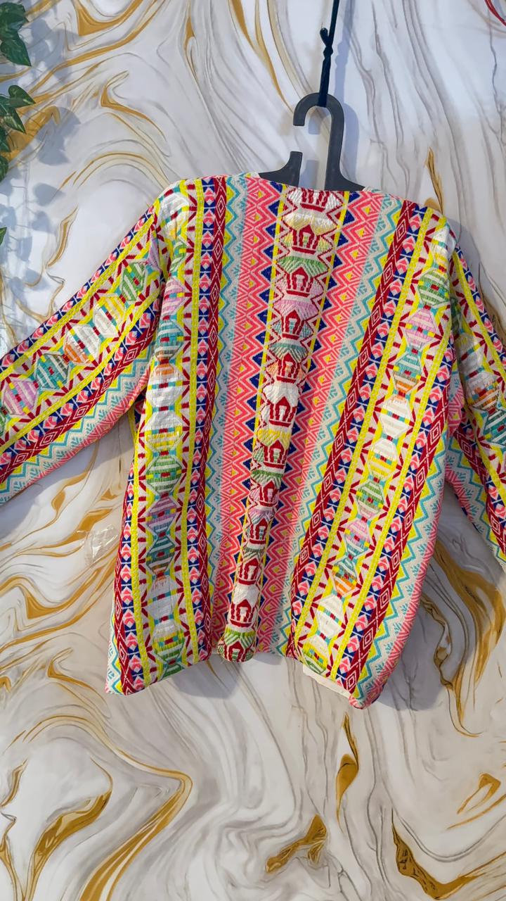 Handmade Acrylic Jacquard Shrug: Vintage Geometric Festival Tunic