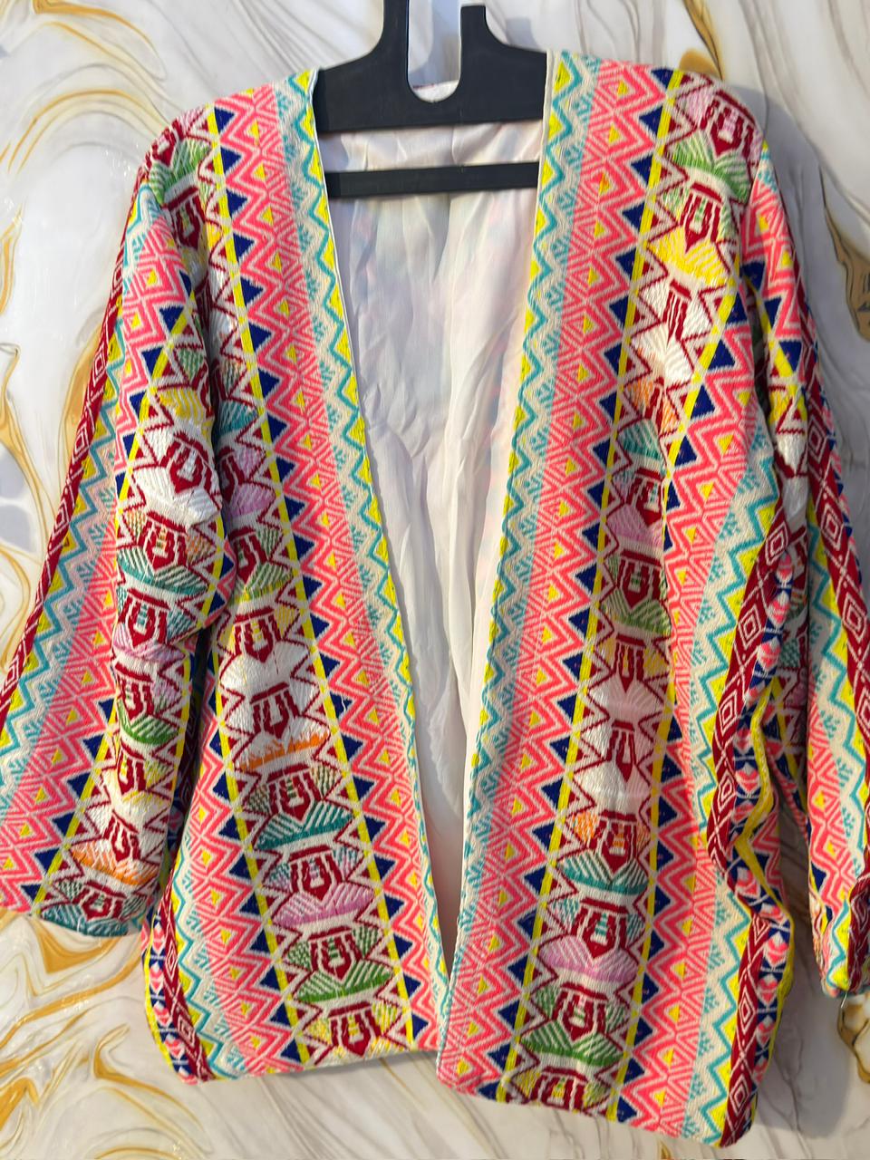 Handmade Acrylic Jacquard Shrug: Vintage Geometric Festival Tunic
