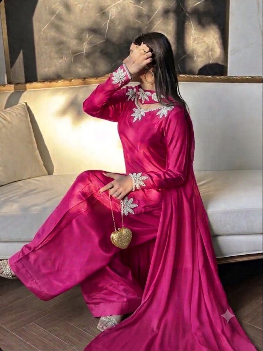 Brown pink pakistani co-ord set, Pur natural crap with embroidery,