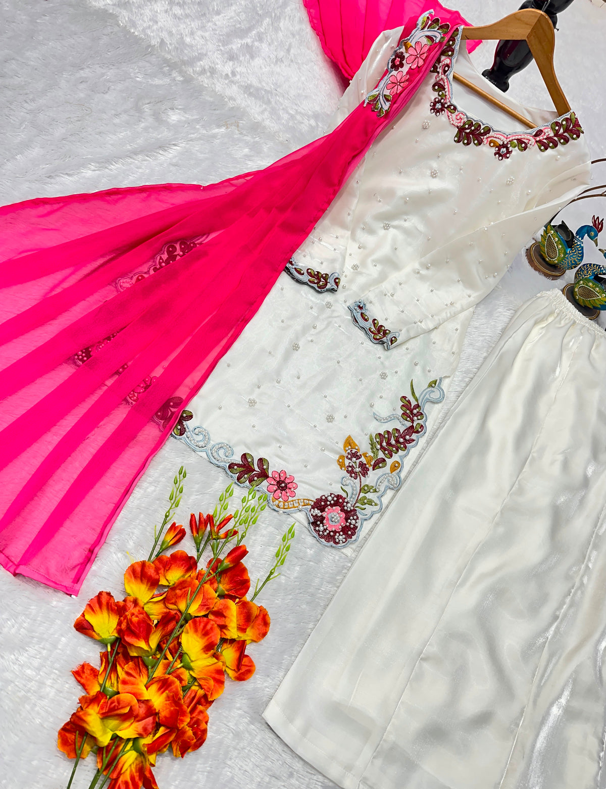 Heavy roman glass with heavy embroidery work and moti work, ready to wear co-ord set