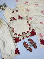 Cream color embroidery co-ord set, cut work embroidery,french crepe fabric