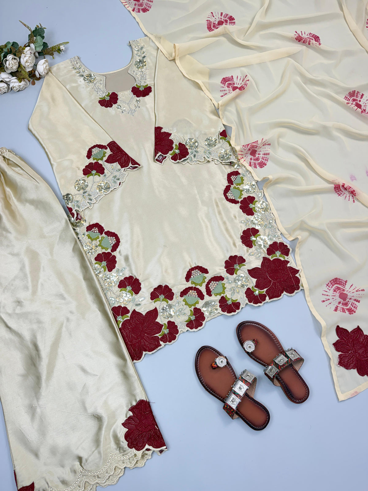 Cream color embroidery co-ord set, cut work embroidery,french crepe fabric
