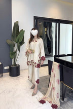 Cream color embroidery co-ord set, cut work embroidery,french crepe fabric
