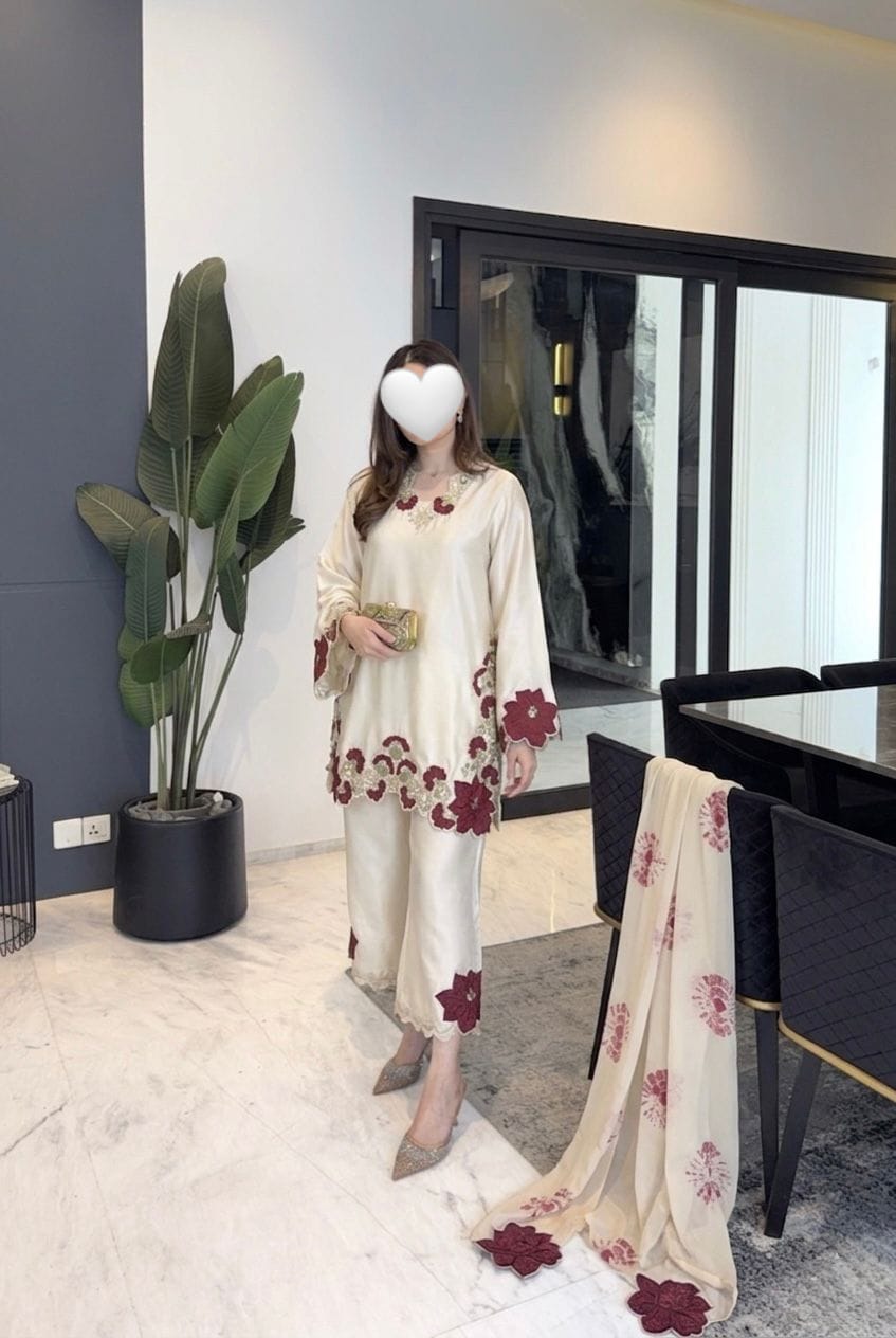 Cream color embroidery co-ord set, cut work embroidery,french crepe fabric