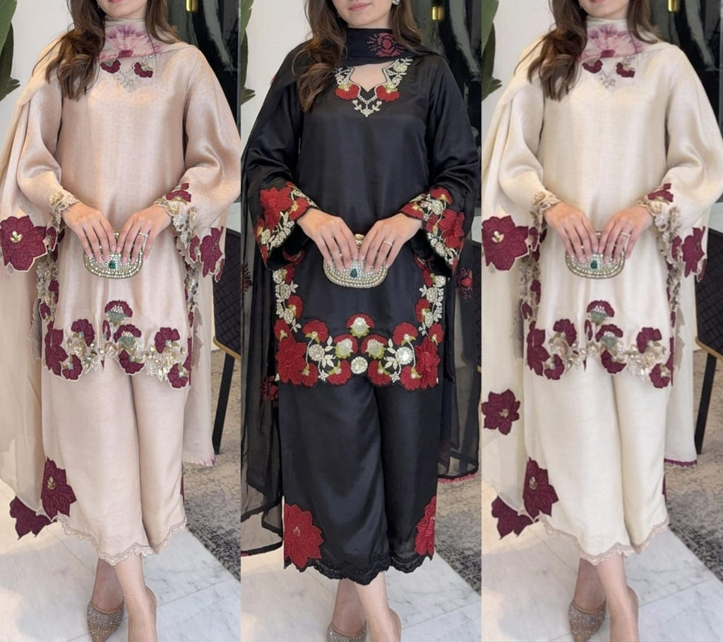 Cream color embroidery co-ord set, cut work embroidery,french crepe fabric