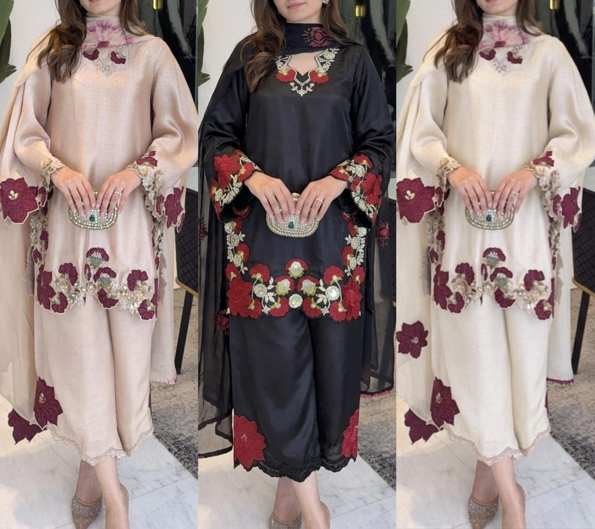 Cream color embroidery co-ord set, cut work embroidery,french crepe fabric