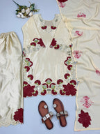 Cream color embroidery co-ord set, cut work embroidery,french crepe fabric