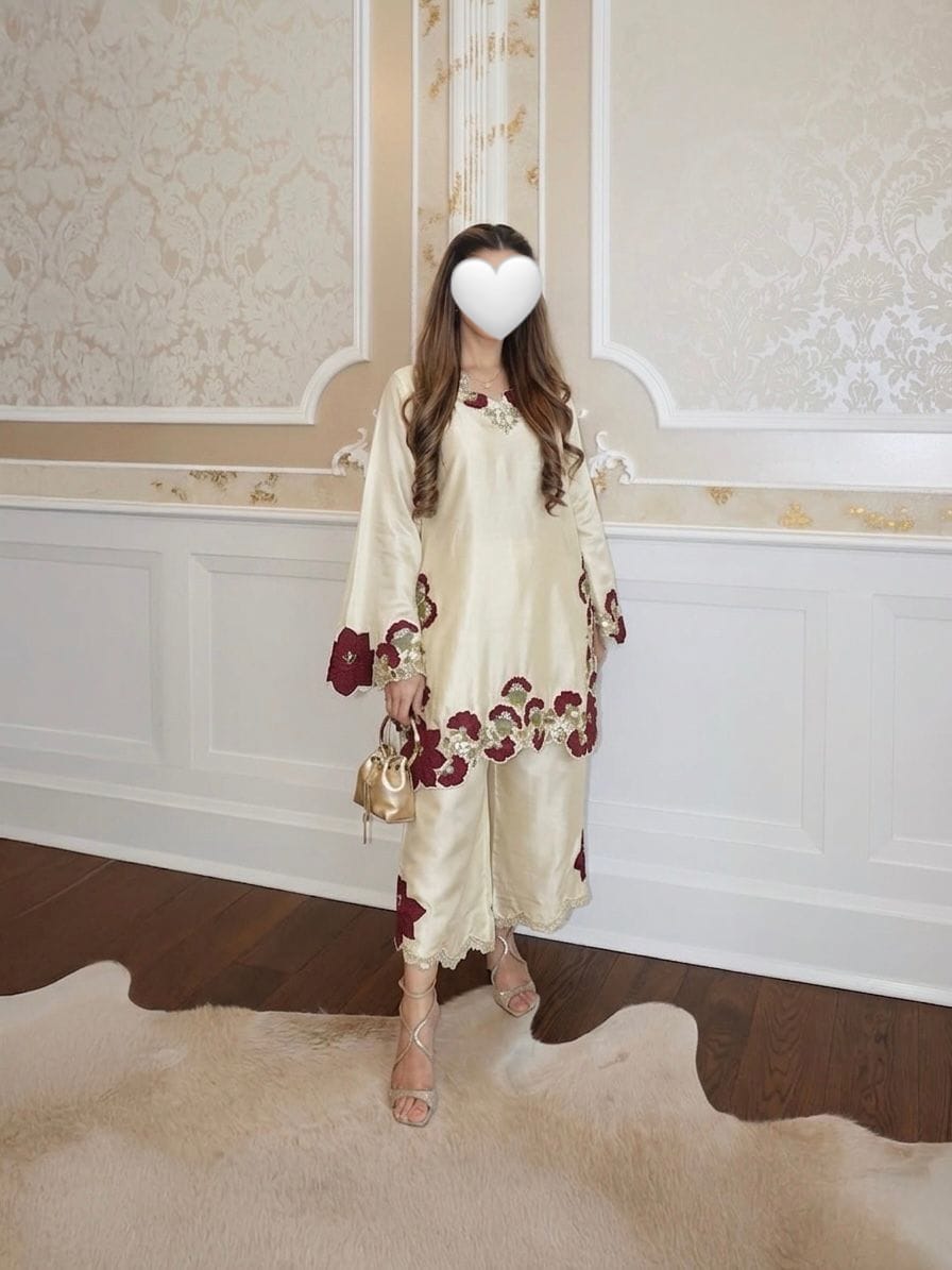 Cream color embroidery co-ord set, cut work embroidery,french crepe fabric