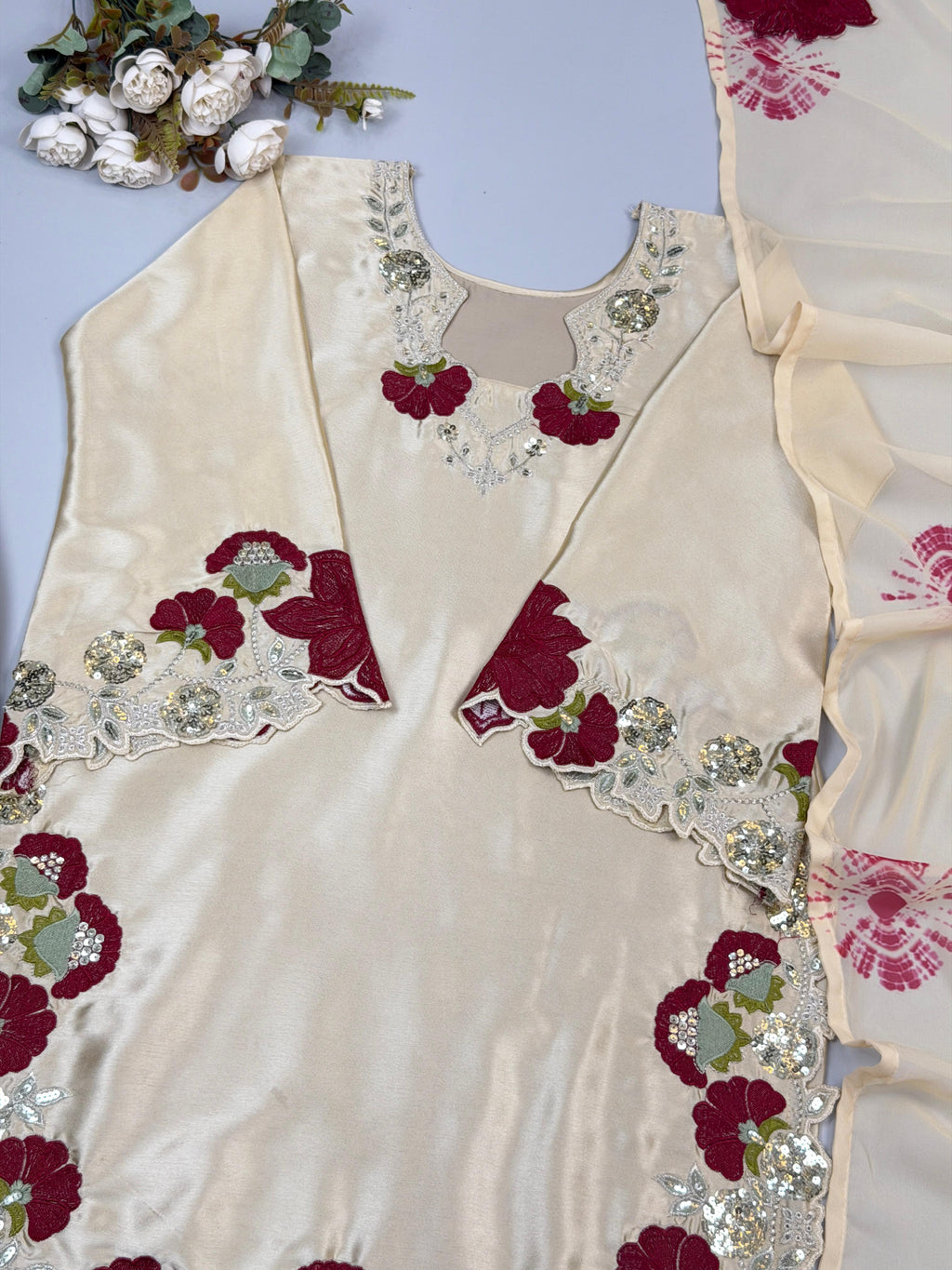 Cream color embroidery co-ord set, cut work embroidery,french crepe fabric