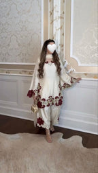 Cream color embroidery co-ord set, cut work embroidery,french crepe fabric